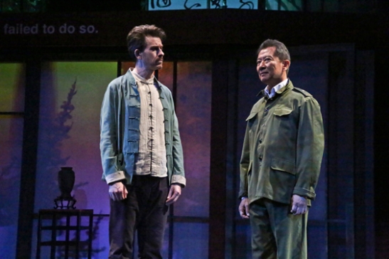 From left: Jeff Locker as British ex-pat Peter Timms and Ben Wang as Minister of Culture Cai Guoliang. Photo by Michael Lamont